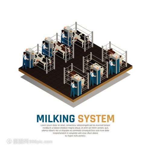 乳制品生产奶厂等距成与可编辑文本半自动挤奶操作矢量插图的视图挤奶操作工厂背景